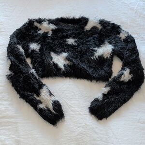 Fuzzy Black and White Star Cropped Sweater
